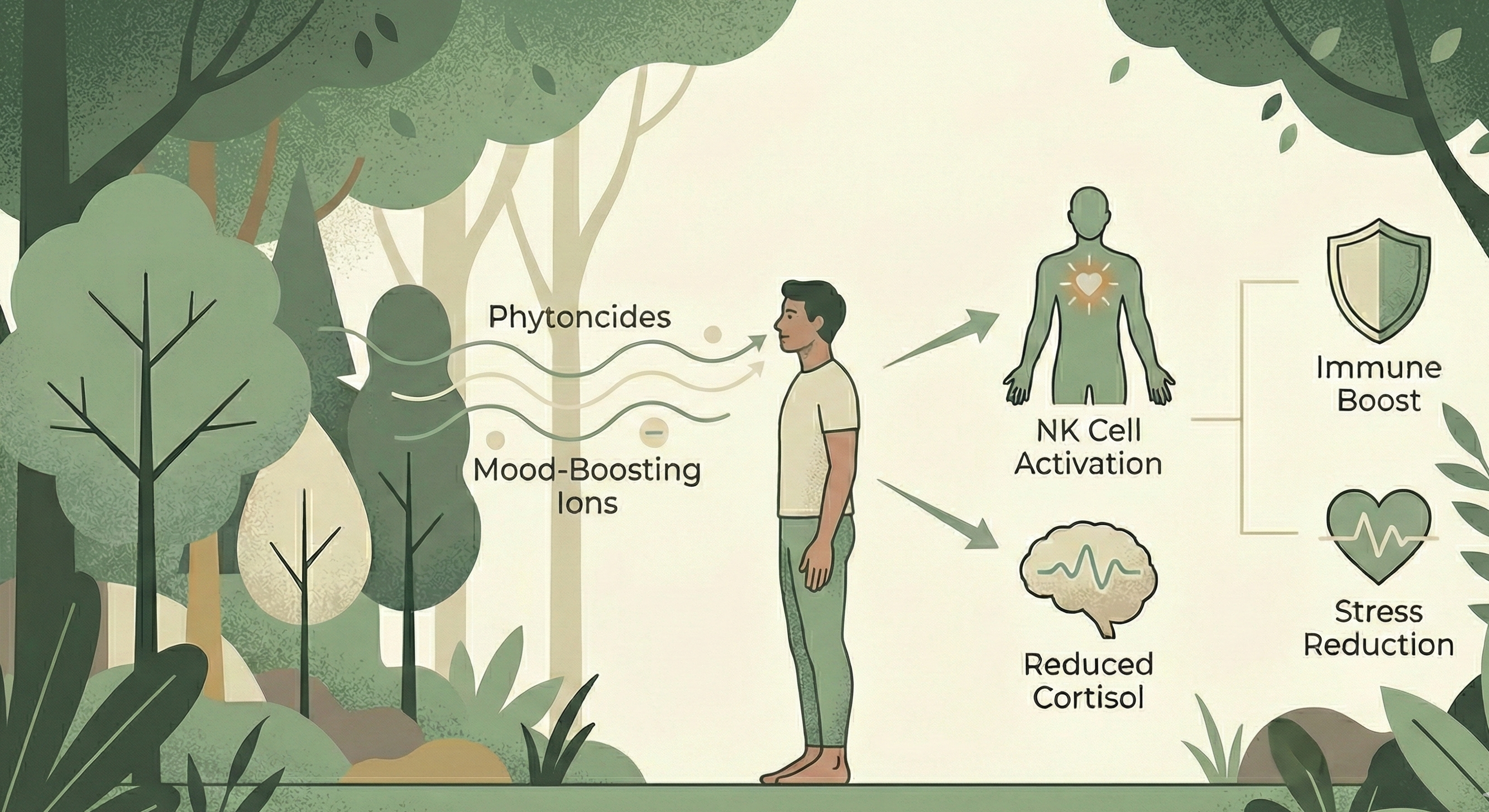 Infographic illustrating the health benefits of forest phytoncides and ions on the human body